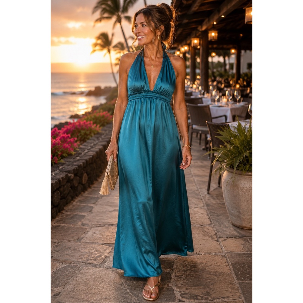 Lulus Teal Blue Halter Maxi Dress Womens XL Plunging Neck Elastic Waist Flowy